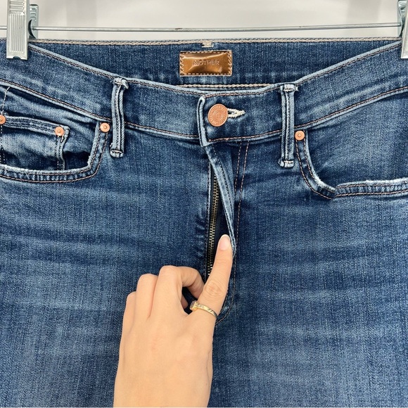 Mother The Insider Crop Step Chew Distressed Dark Wash Jeans in Dancing on Coals - Picture 6 of 8